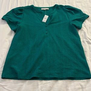 LOFT Green Puff Sleeve Ribbed Blouse